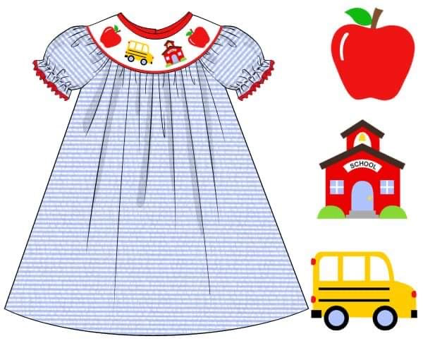 School Bus Embroidery Blue Striped Seersucker Dress